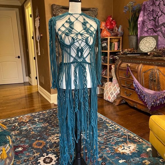 Handmade Macramé Bondage Dress Teal Blue Crochet Cut Out Distressed - Picture 16 of 16